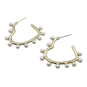 copper Stud Earring with pearlized glass, heart, gold plated, approx 32-36mm [FN28294]