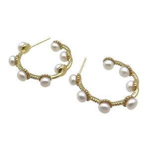 copper Stud Earring with pearlized glass, gold plated, approx 7mm, 35mm dia [FN28296]