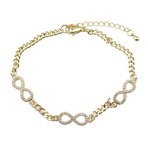 copper Bracelet paved zircon with infinity, adjustable, gold plated, approx 7-16mm, 19-24cm length [FN28300]