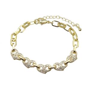 copper Bracelet with heart paved zircon, adjustable, gold plated, approx 8-13mm, 5-8mm, 16-21cm length [FN28302]