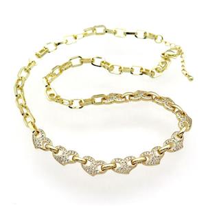 copper Necklace with heart paved zircon, adjustable, gold plated, approx 8-13mm, 5-8mm, 41-45cm length [FN28305]
