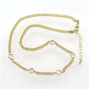 copper Necklace paved zircon, heart, adjustable, gold plated, approx 6mm, 41-46cm length [FN28312]
