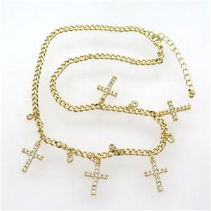 copper Necklace with cross paved zircon, adjustable, gold plated, approx 13-17.5mm, 40-45cm length [FN28313]