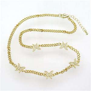 copper Necklace with butterfly paved zircon, adjustable, gold plated, approx 10-11mm, 41-46cm length [FN28314]