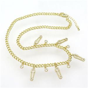 copper Necklace paved zircon, adjustable, gold plated, approx 5-16mm, 41-46cm length [FN28315]