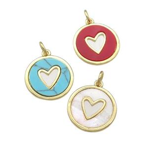 copper circle pendant pave gemstone, heart, gold plated, mixed, approx 15mm dia [FN28337]