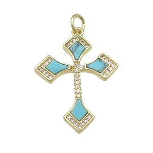 copper Cross pendant pave turquoise, gold plated, approx 20-25mm [FN28338]