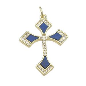 copper Cross pendant pave Lapis, gold plated, approx 20-25mm [FN28339]