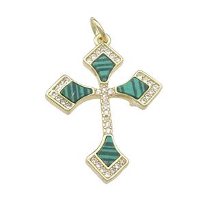 copper Cross pendant pave Malachite, gold plated, approx 20-25mm [FN28340]