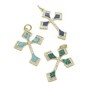 copper Cross pendant pave gemstone, gold plated, mixed, approx 20-25mm [FN28341]