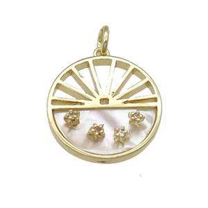 copper circle pendant pave shell, gold plated, approx 18mm dia [FN28343]