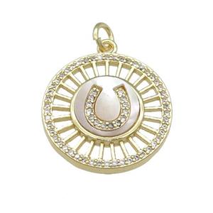 copper circle pendant pave shell, gold plated, approx 20mm dia [FN28344]