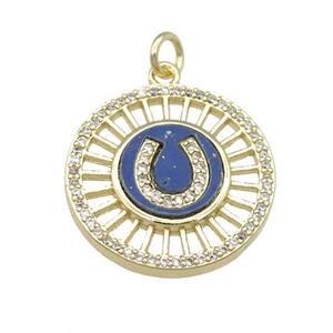 copper circle pendant pave Lapis, zircon, gold plated, approx 20mm dia [FN28345]