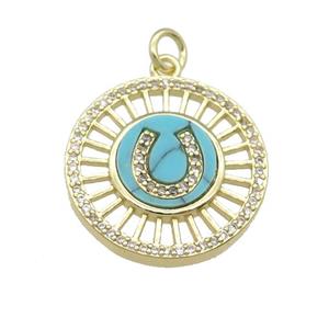 copper circle pendant pave Turquoise, gold plated, approx 20mm dia [FN28346]