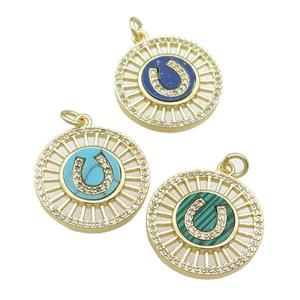 copper circle pendant pave gemstone, gold plated, mixed, approx 20mm dia [FN28348]