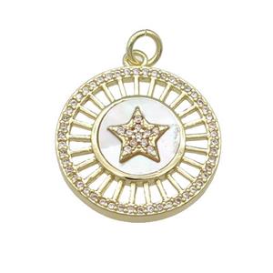 copper circle pendant pave shell, star, gold plated, approx 20mm dia [FN28349]