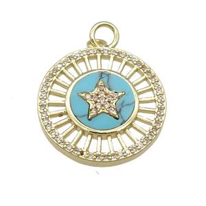 copper circle pendant pave Turquoise, star, gold plated, approx 20mm dia [FN28350]