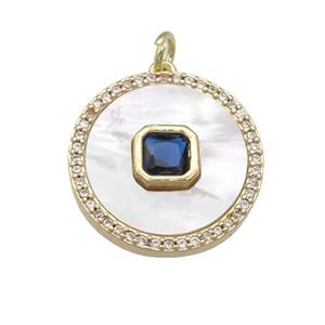 copper circle pendant pave shell, blue zircon, gold plated, approx 20mm dia [FN28351]