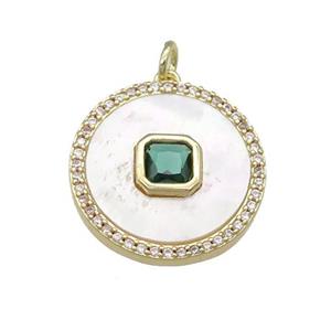 copper circle pendant pave shell, green zircon, gold plated, approx 20mm dia [FN28352]