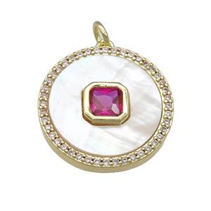 copper circle pendant pave shell, hotpink zircon, gold plated, approx 20mm dia [FN28353]
