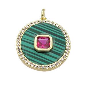 copper circle pendant pave Malachite, hotpink zircon, gold plated, approx 20mm dia [FN28356]