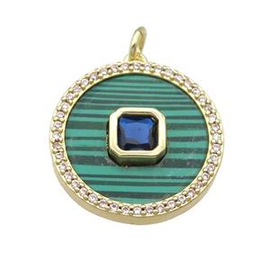 copper circle pendant pave Malachite, blue zircon, gold plated, approx 20mm dia [FN28357]