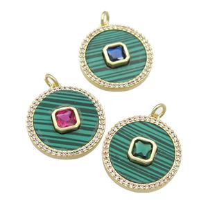 copper circle pendant pave Malachite, zircon, gold plated, mixed, approx 20mm dia [FN28358]
