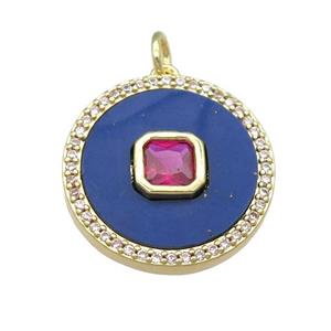 copper circle pendant pave Lapis, hotpink zircon, gold plated, approx 20mm dia [FN28361]