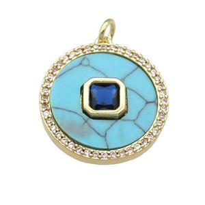 copper circle pendant pave Turquoise, blue zircon, gold plated, approx 20mm dia [FN28363]