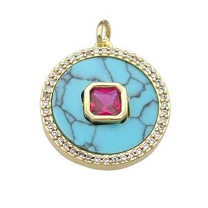 copper circle pendant pave Turquoise, hotpink zircon, gold plated, approx 20mm dia [FN28365]