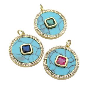 copper circle pendant pave Turquoise, zircon, gold plated, mixed, approx 20mm dia [FN28366]