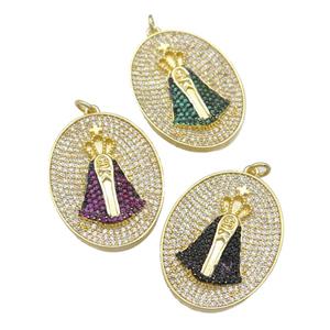 copper oval pendant paved zircon, gold plated, mixed, approx 24-31mm [FN28372]