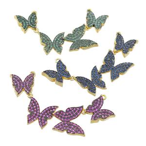 copper Butterfly link pendant paved zircon, gold plated, mixed, approx 12-16mm, 58mm [FN28376]
