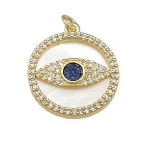 copper circle Eye pendant paved zircon, shell, gold plated, approx 19mm dia [FN28384]