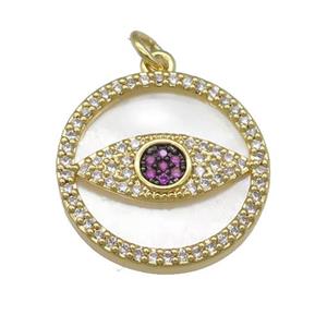 copper circle Eye pendant paved zircon, shell, gold plated, approx 19mm dia [FN28386]