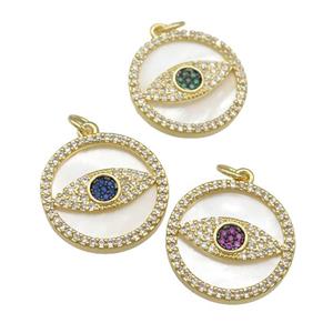 copper circle Eye pendant paved zircon, shell, gold plated, mixed, approx 19mm dia [FN28387]