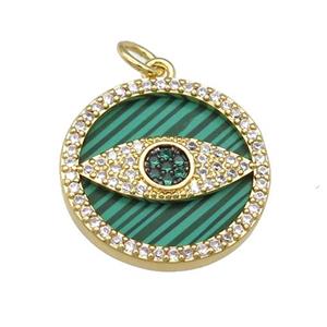 copper circle Eye pendant paved Malachite, zircon, gold plated, approx 19mm dia [FN28393]