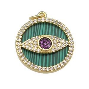 copper circle Eye pendant paved Malachite, zircon, gold plated, approx 19mm dia [FN28394]