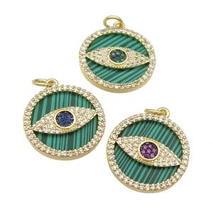 copper circle Eye pendant paved Malachite, zircon, gold plated, mixed, approx 19mm dia [FN28395]