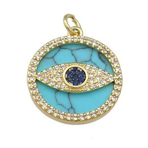 copper circle Eye pendant paved Turquoise, zircon, gold plated, approx 19mm dia [FN28396]