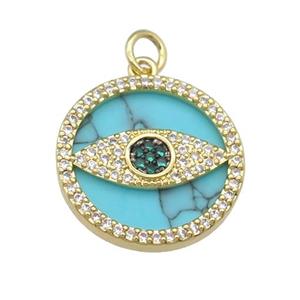 copper circle Eye pendant paved Turquoise, zircon, gold plated, approx 19mm dia [FN28397]
