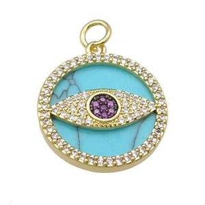 copper circle Eye pendant paved Turquoise, zircon, gold plated, approx 19mm dia [FN28398]
