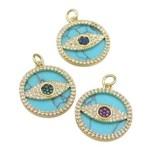 copper circle Eye pendant paved Turquoise, zircon, gold plated, mixed, approx 19mm dia [FN28399]
