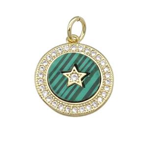 copper circle Star pendant paved Malachite, zircon, gold plated, approx 14mm dia [FN28401]