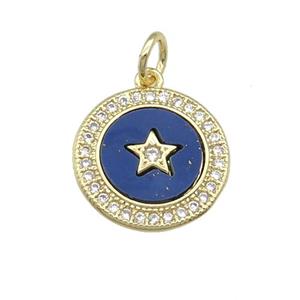 copper circle Star pendant paved Lapis, zircon, gold plated, approx 14mm dia [FN28402]