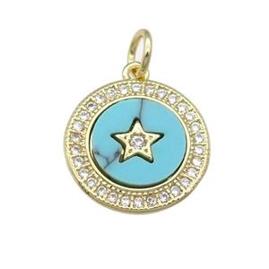 copper circle Star pendant paved Turquoise, zircon, gold plated, approx 14mm dia [FN28403]