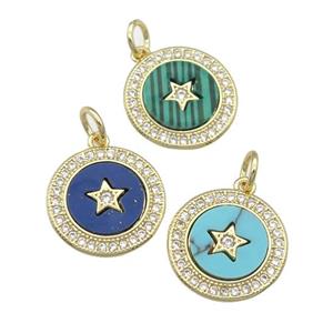 copper circle Star pendant paved gemstone, zircon, gold plated, mixed, approx 14mm dia [FN28404]