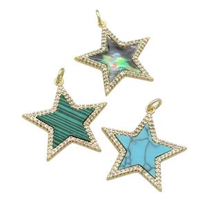 copper Star pendant paved gemstone, zircon, gold plated, mixed, approx 25mm [FN28415]