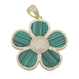 copper Flower pendant paved Malachite, zircon, gold plated, approx 38mm [FN28417]