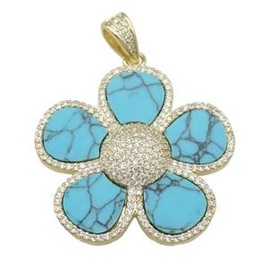 copper Flower pendant paved Turquoise, zircon, gold plated, approx 38mm [FN28418]